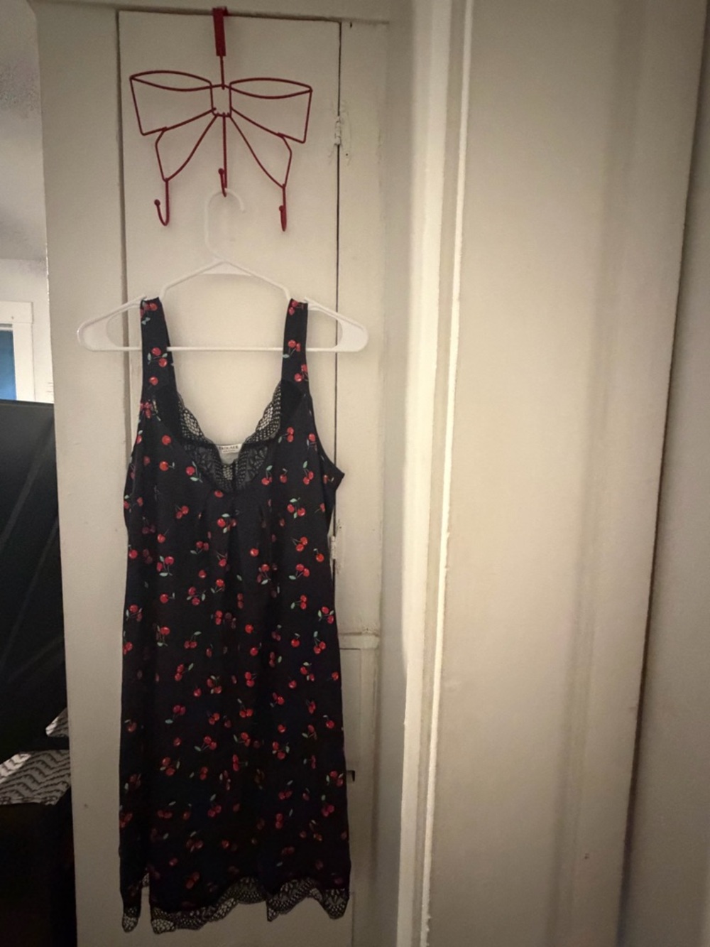 Black Slip Dress nightgown with Red Cherry Print